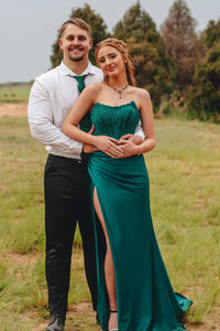 Strapless Ivory Slit Mermaid Prom Dress with Sheer Lace Top