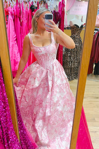 Pearls Bateau Straps Satin A-Line Empire Floral Party Prom Dress