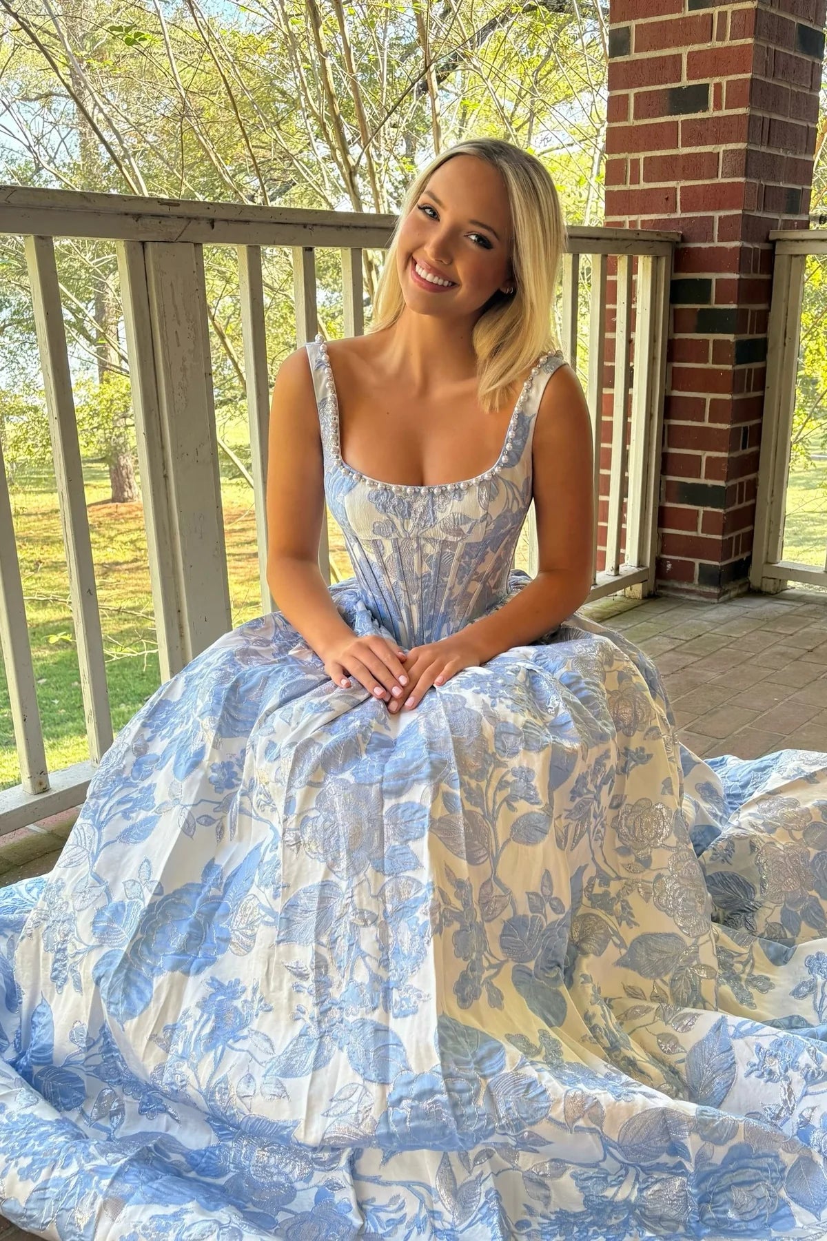 Pearls Bateau Straps Satin A-Line Empire Floral Party Prom Dress