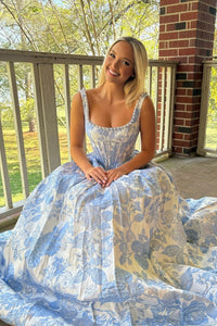 Pearls Bateau Straps Satin A-Line Empire Floral Party Prom Dress