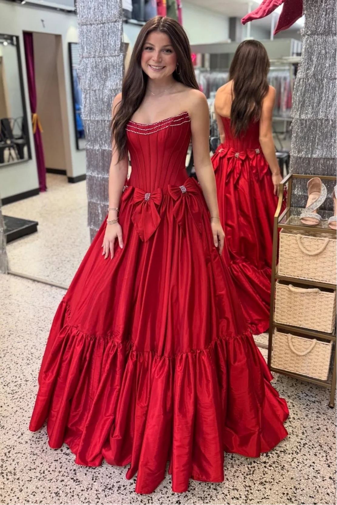 Black Strapless Beaded Ruffle Prom Dress with Bow