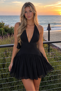 Deep V-Neck Halter A-Line Satin And Chiffon Homecoming Dress