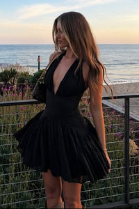 Deep V-Neck Halter A-Line Satin And Chiffon Homecoming Dress