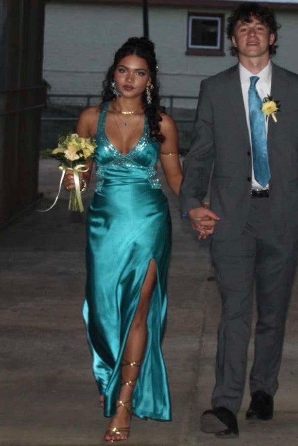 Deep V-Neck Sleeveless Beaded Empire Satin Split Prom Party Dress