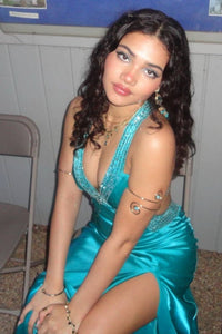 Deep V-Neck Sleeveless Beaded Empire Satin Split Prom Party Dress