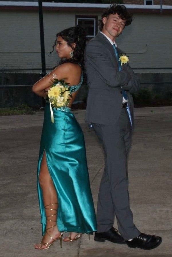 Deep V-Neck Sleeveless Beaded Empire Satin Split Prom Party Dress