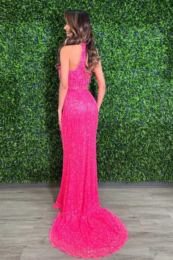 Plunging V-Neck Black Side Cut-Out Long Prom Dress with Fringe