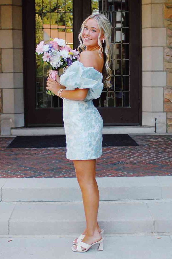 Tight Strapless Puff Sleeves Floral Satin Mini Homecoming Dress
