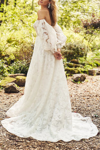 Detachable Sleeves A-Line High Waist Lace Maxi Wedding Dress