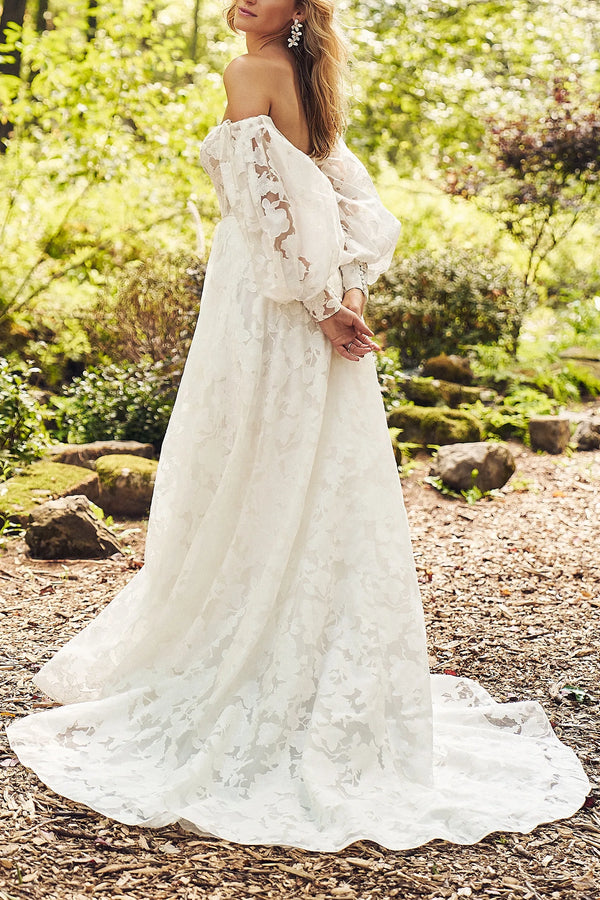 Detachable Sleeves A-Line High Waist Lace Maxi Wedding Dress