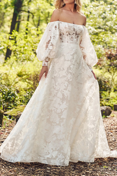 Detachable Sleeves A-Line High Waist Lace Maxi Wedding Dress
