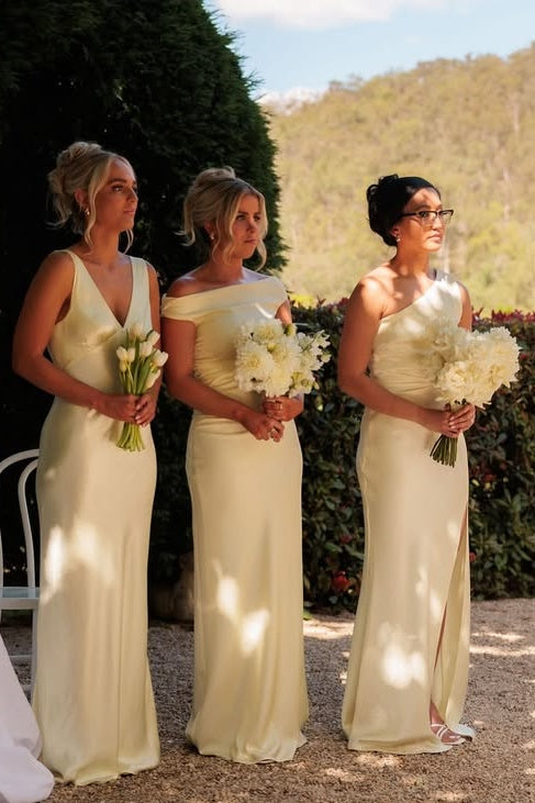 Different Neckline Styles Satin Fitted Maxi Bridesmaid Dress