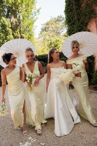 Different Neckline Styles Satin Fitted Maxi Bridesmaid Dress