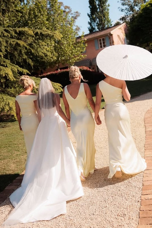 Different Neckline Styles Satin Fitted Maxi Bridesmaid Dress