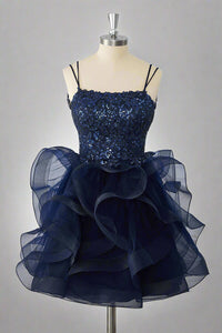 Double Straps Navy Sequin Ruffle Tiered Homecoming Dress Full Shot