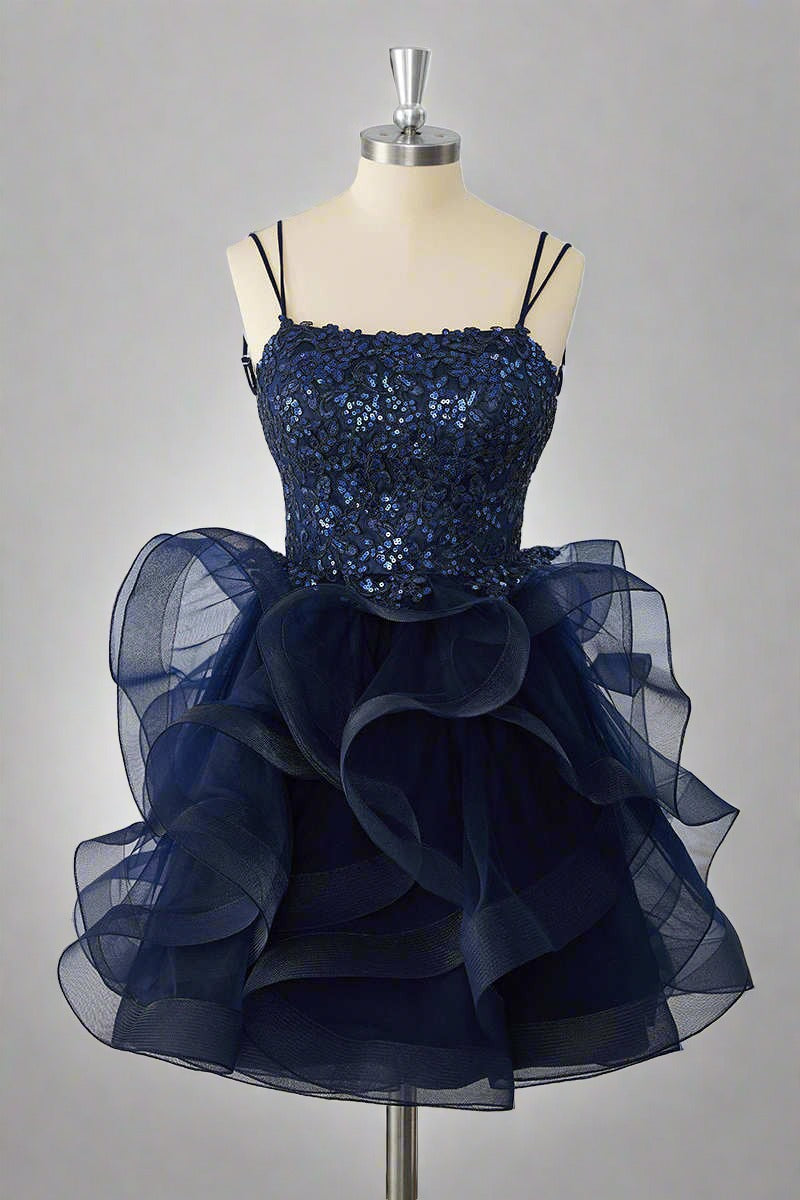 Double Straps Navy Sequin Ruffle Tiered Homecoming Dress FancyVestido Double Straps Navy Sequin Ruffle Tiered Homecoming Dress FancyVestido
