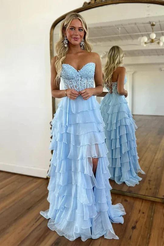 Sweetheart Red Corset Chiffon Ruffle Long Prom Dress