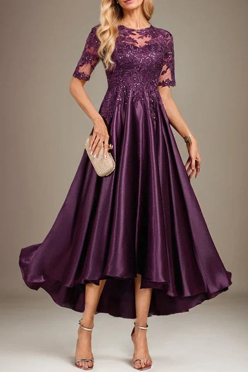 Elegant A-Line Round Sleeves Midi Mother Of The Bride Dress