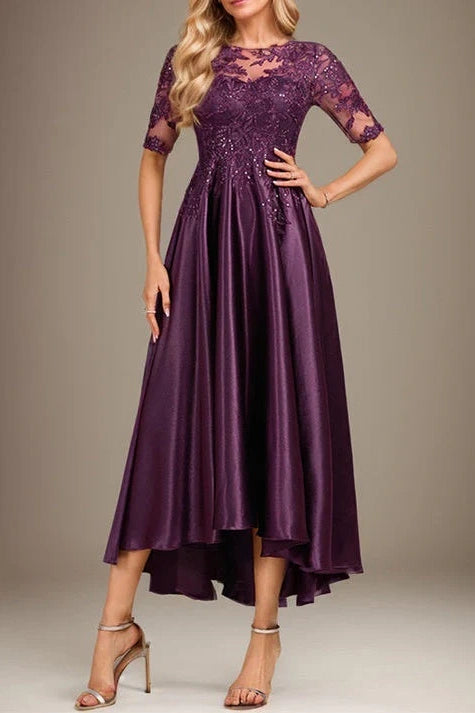 Elegant A-Line Round Sleeves Midi Mother Of The Bride Dress