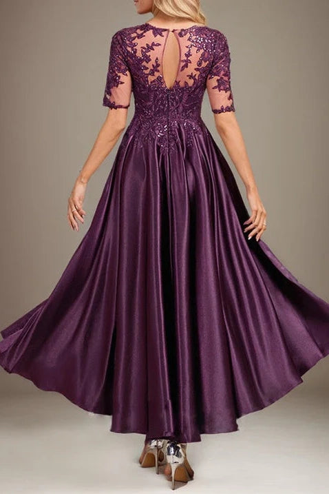Elegant A-Line Round Sleeves Midi Mother Of The Bride Dress