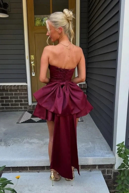 Elegant A-Line Strapless Empire Satin Homecoming Party Dress With Bow