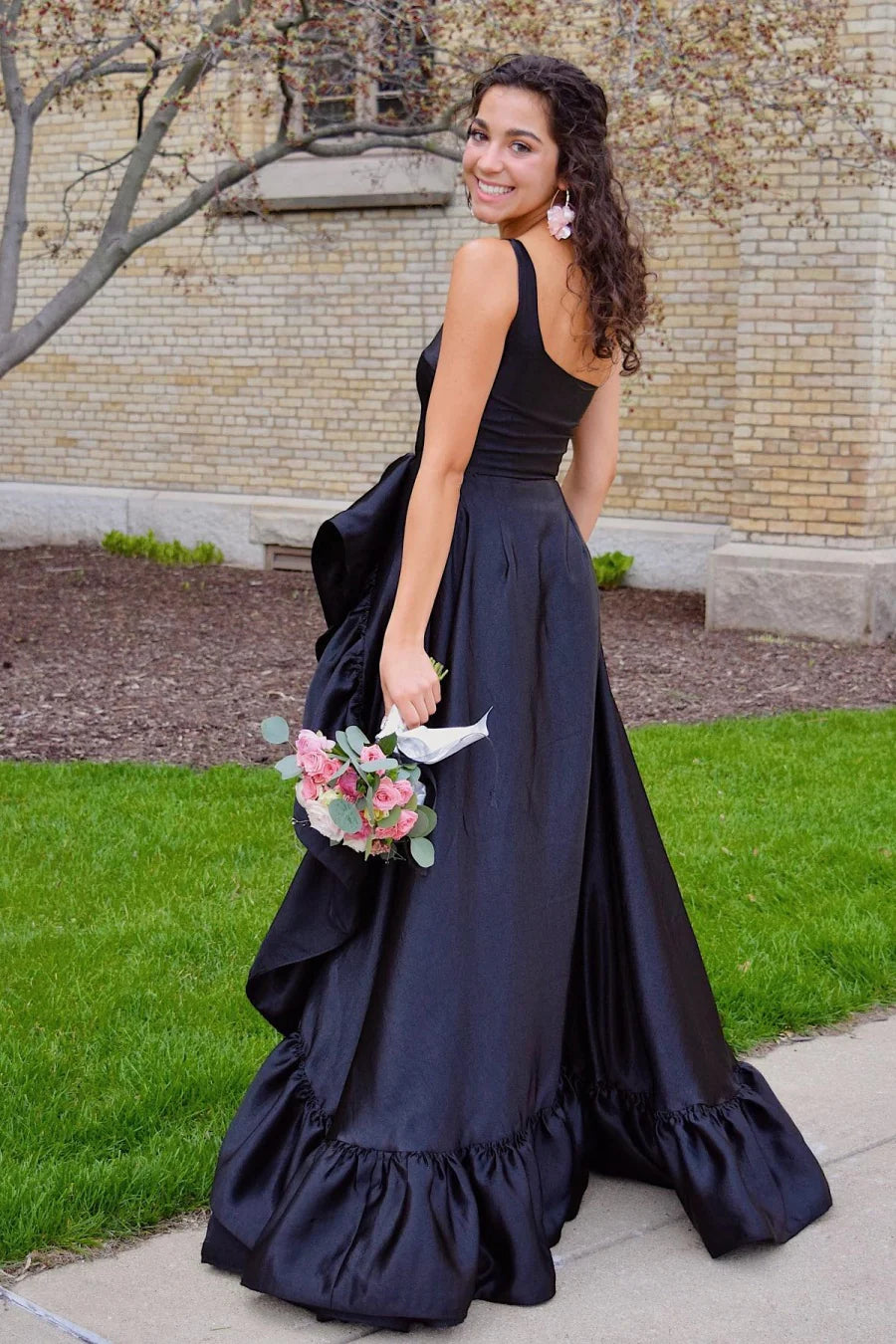 Elegant Black Satin A-Line One Shoulder Ruffle Split Prom Dress