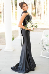Elegant Black Satin Strapless Lace-Up Mermaid Party Prom Dress