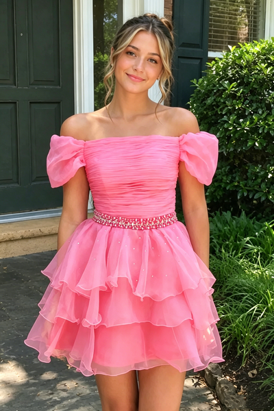 Elegant Chiffon A-Line Off-Shoulder Beaded  Pleated Tiered Homecoming Dress