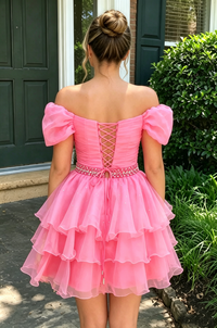 Elegant Chiffon A-Line Off-Shoulder Beaded  Pleated Tiered Homecoming Dress