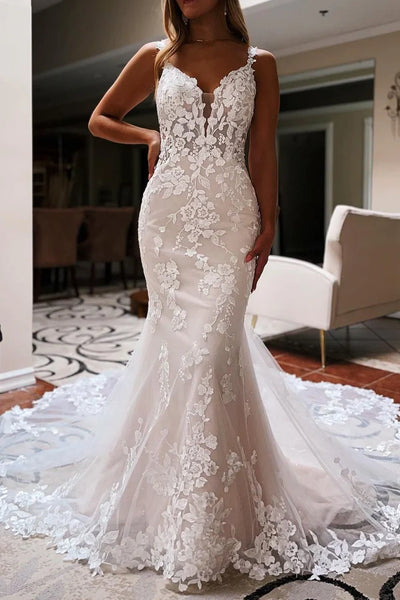 Elegant Lace Spaghetti Strapless Backless Trumpet Wedding Dress 