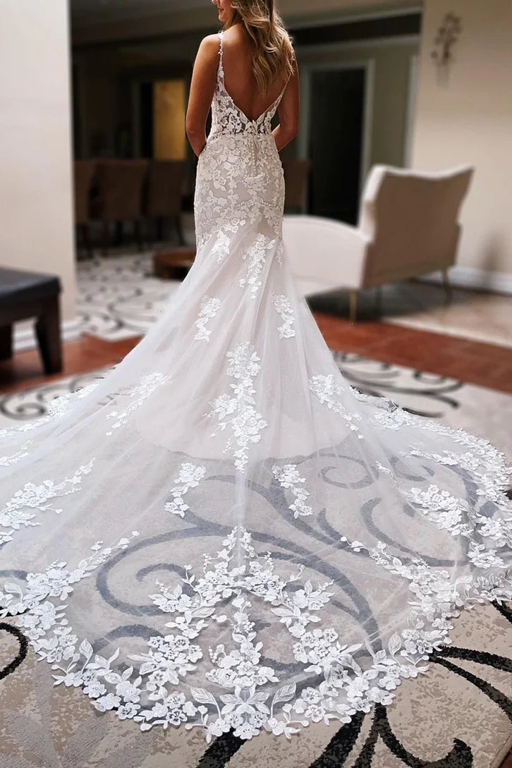 Elegant Lace Spaghetti Strapless Backless Trumpet Wedding Dress 