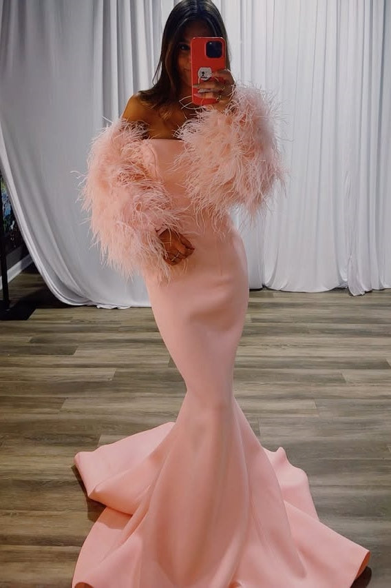 Elegant Mermaid Empire Feather Sleeves Satin Maxi Party Prom Dress