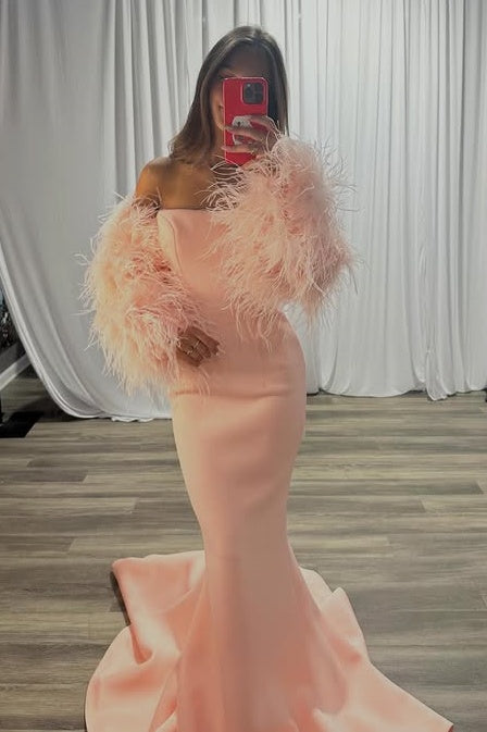 Elegant Mermaid Empire Feather Sleeves Satin Maxi Party Prom Dress