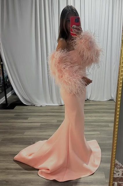 Elegant Mermaid Empire Feather Sleeves Satin Maxi Party Prom Dress