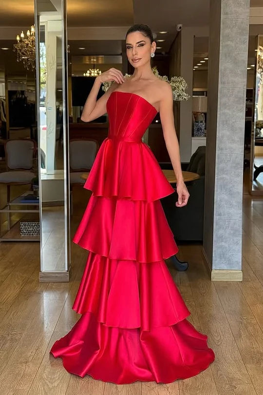 Elegant Satin A-Line Empire Strapless Tiered Prom Evening Dress