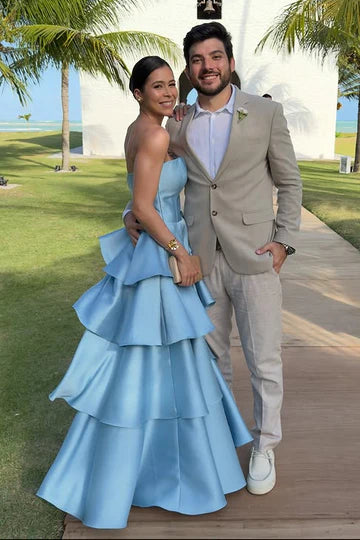 Elegant Satin A-Line Empire Strapless Tiered Prom Evening Dress