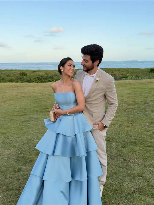 Elegant Satin A-Line Empire Strapless Tiered Prom Evening Dress