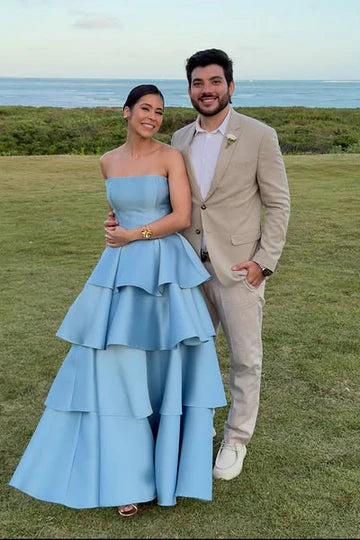 Elegant Satin A-Line Empire Strapless Tiered Prom Evening Dress