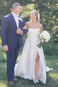 Elegant Satin A-Line High Waist Strapless Split Wedding Dress