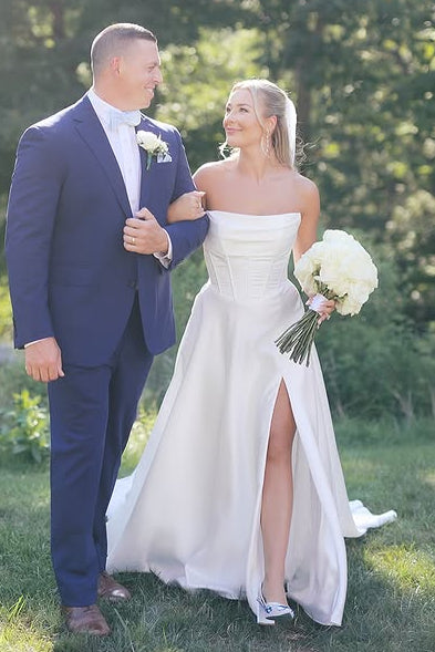 Elegant Satin A-Line High Waist Strapless Split Wedding Dress