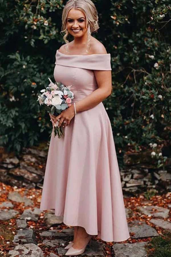 Elegant Satin A-Line Off-Shoulder High-Low Bridesmaid Dress