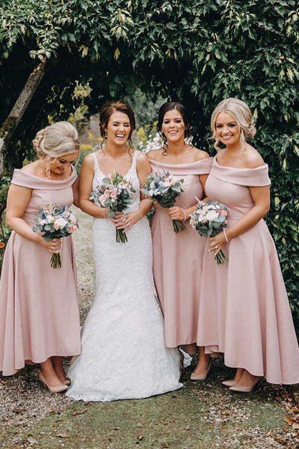 Elegant Satin A-Line Off-Shoulder High-Low Bridesmaid Dress