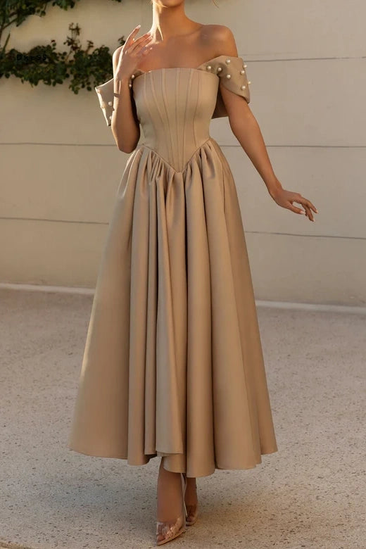 Elegant Satin A-Line Off-Shoulder With Pearls Party Prom Dress