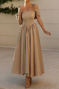 Elegant Satin A-Line Off-Shoulder With Pearls Party Prom Dress
