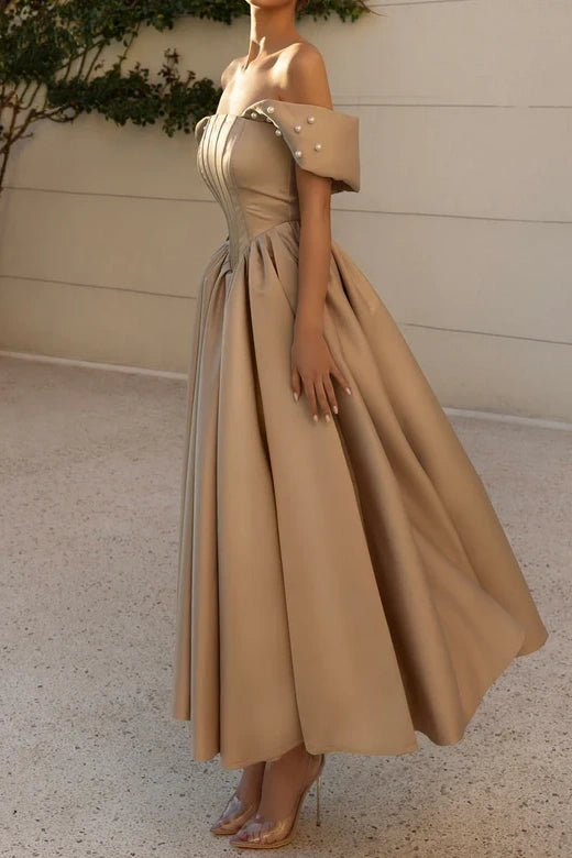 Elegant Satin A-Line Off-Shoulder With Pearls Party Prom Dress