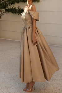 Elegant Satin A-Line Off-Shoulder With Pearls Party Prom Dress