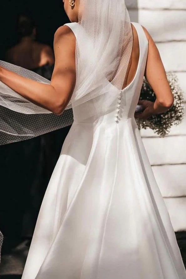 Elegant Satin A-Line Square Straps Maxi Wedding Dress With Train