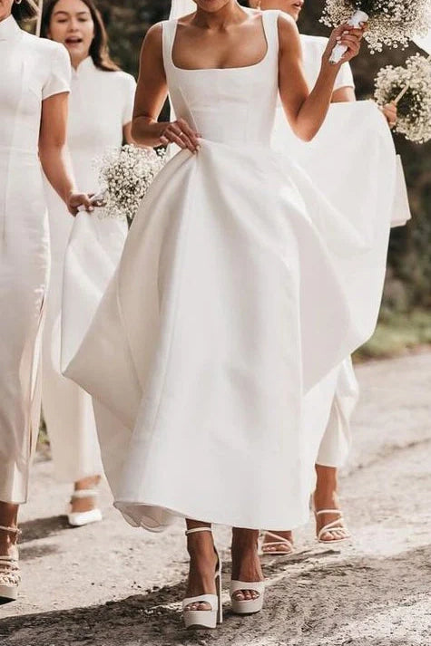 Elegant Satin A-Line Square Straps Maxi Wedding Dress With Train