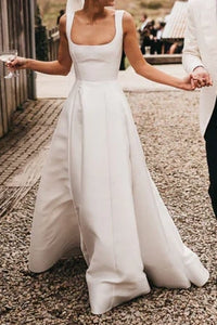 Elegant Satin A-Line Square Straps Maxi Wedding Dress With Train