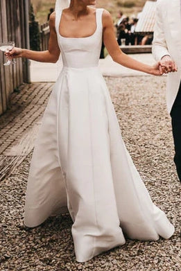 Elegant Satin A-Line Square Straps Maxi Wedding Dress With Train
